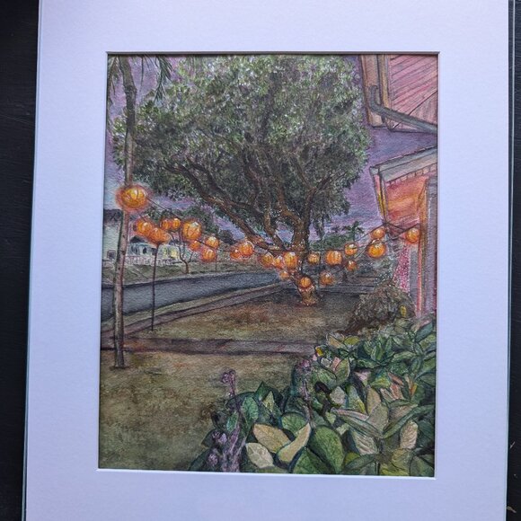 Original Watercolor: Pumpkin Lantern Tree ii: Violet Sky - Picture 4 of 4